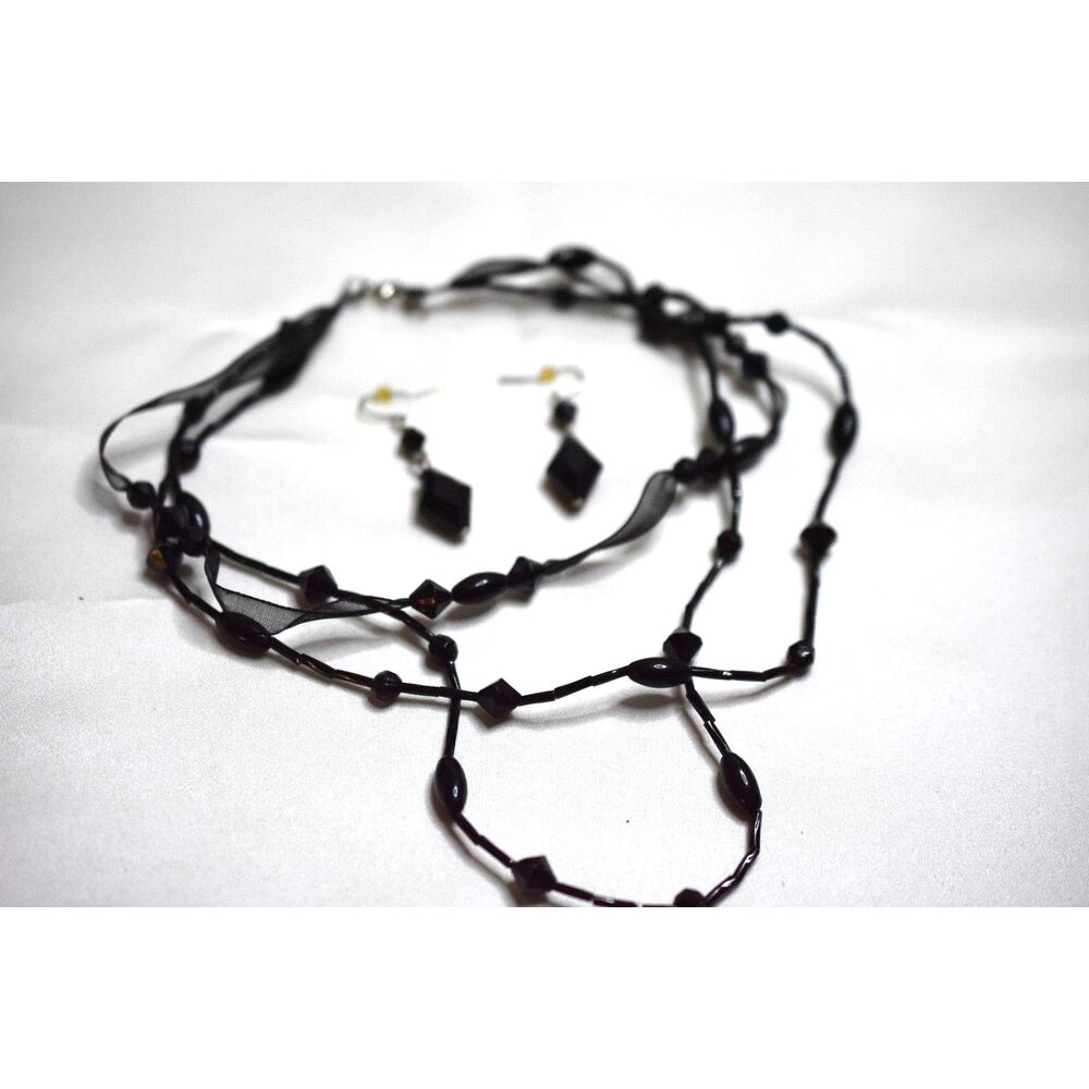 Gothic Grunge Black Beaded/Ribbon Multi Layer 14" Necklace 1.5" Hook Earring Set